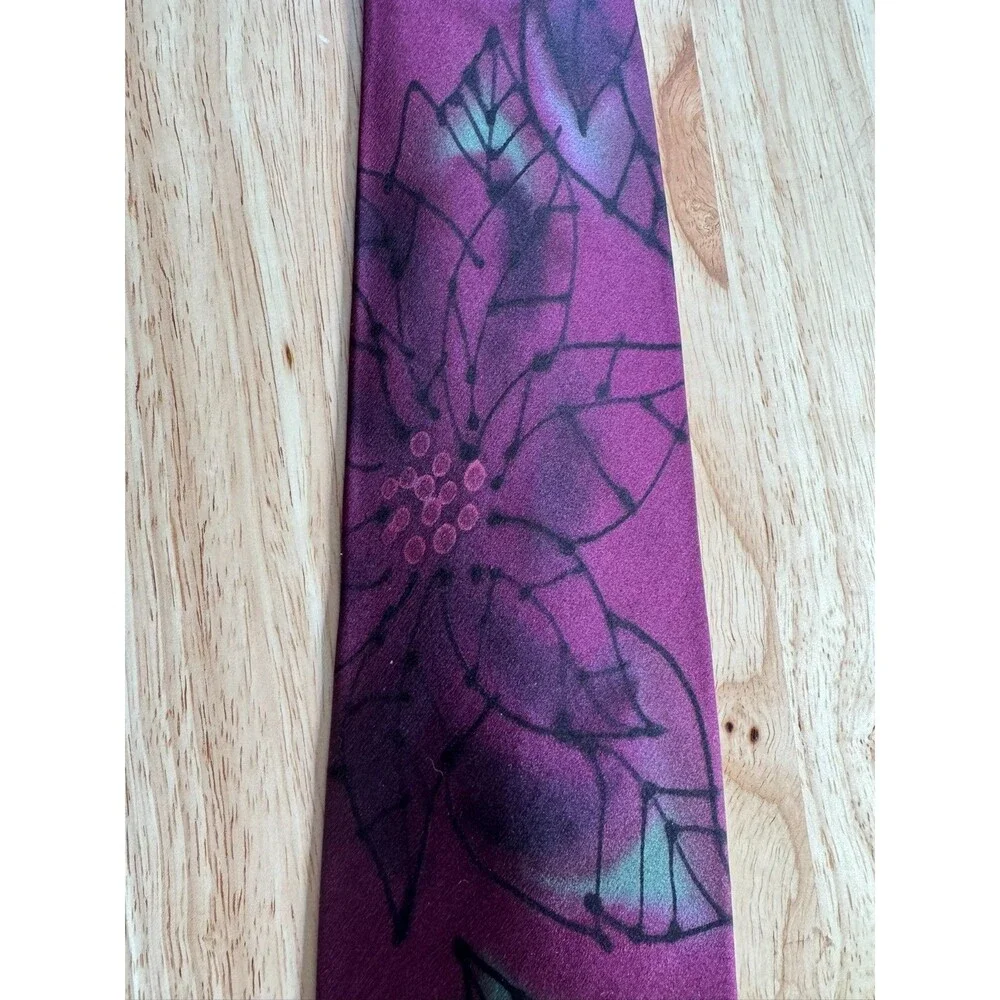 Robert Daskal Wayne Furman Hand Painted Silk Tie Burgundy Floral Wearable Art